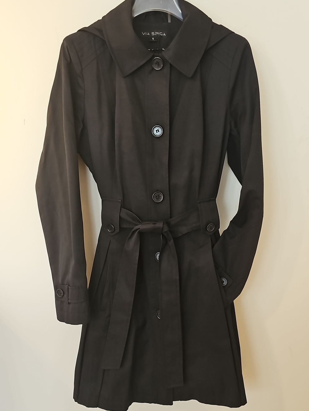 Via Spiga Size S Black Pleated and Belted Trench Coat